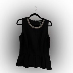 White House Black Market Black Peplum Top with Beaded Collar Sz 10